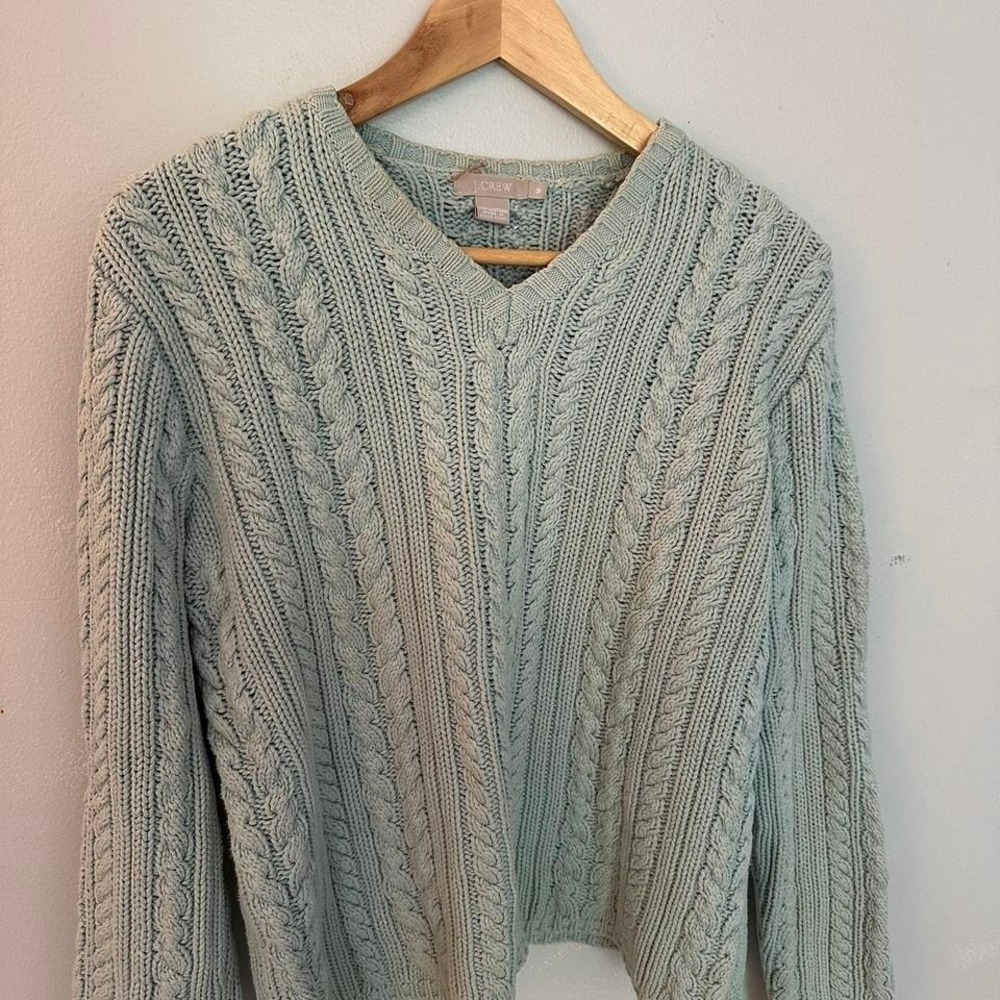 J Crew Light Blue Pullover Cable Knit V Neck Sweater 100% Cotton